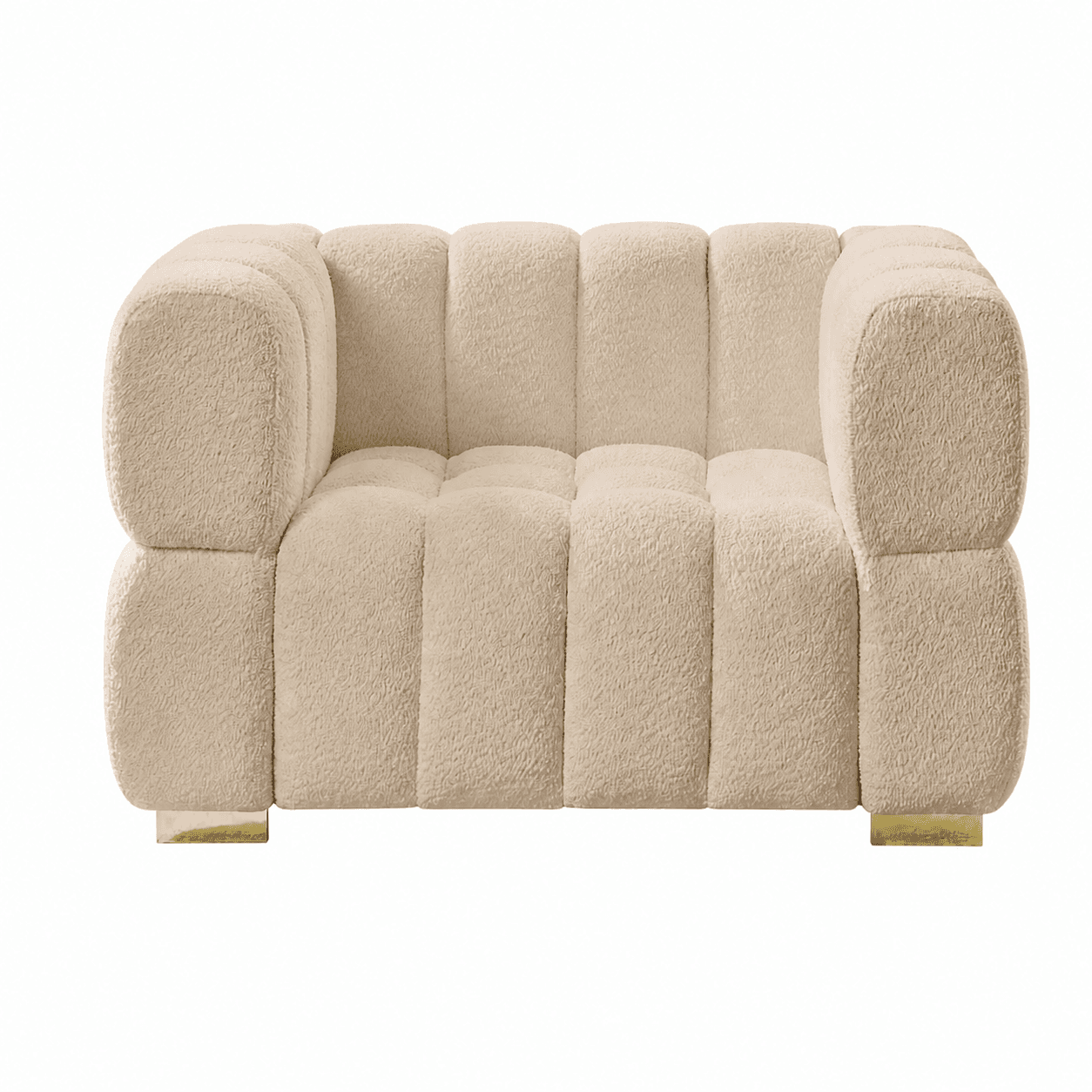 A plush, cream-colored armchair with a distinctive channel-tufted design. The upholstery has a textured, boucle-like finish. The chair features rounded armrests and a deep seat. It is supported by two low-profile, rectangular brass feet. — 3D model