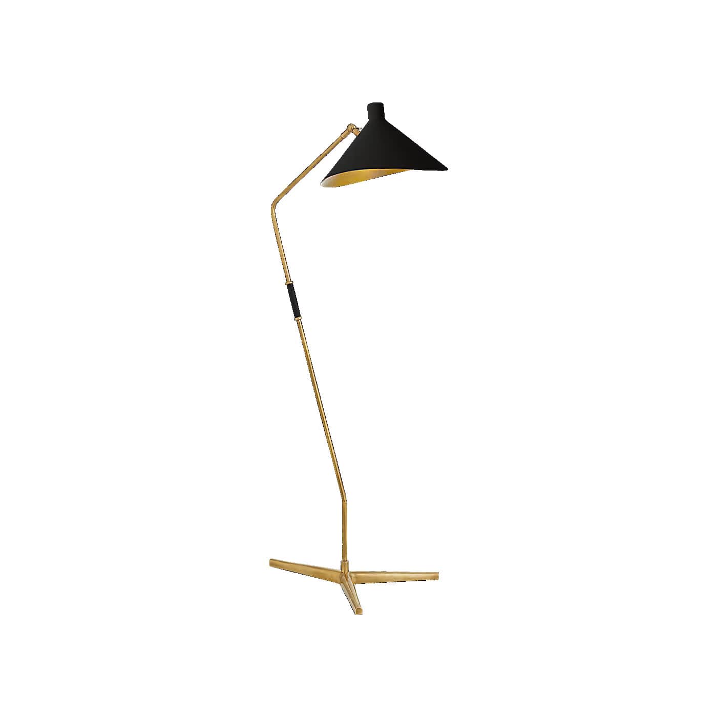 A floor lamp with a distinctive mid-century modern design. It features a slender, angled brass stem… — 3D model