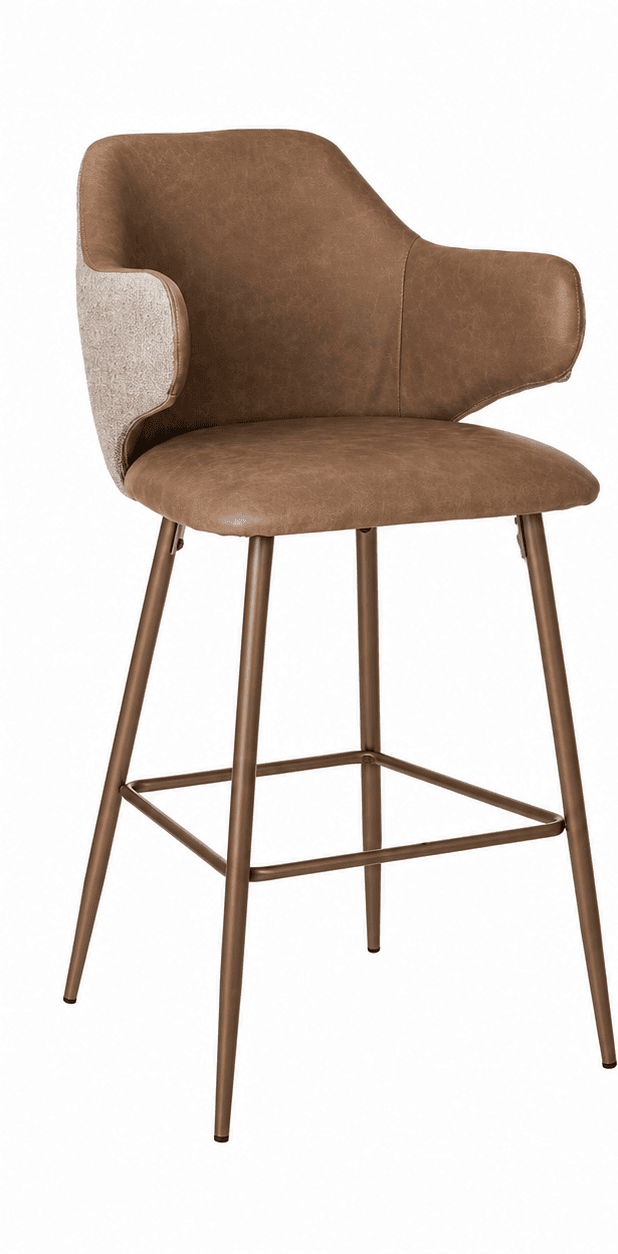An upholstered counter-height bar stool featuring a brown distressed faux leather seat and back, with contrasting lighter textured fabric on the outer portion of the armrests. The stool is supported by four slender, tapered metal legs in a bronzed finish, connected by a square footrest. — 3D model