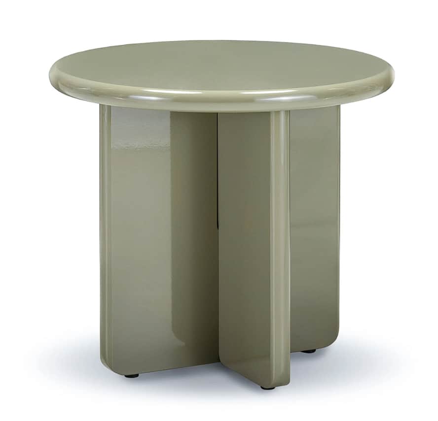 A modern, round-topped end table with a unique pedestal base. The base is composed of four vertical,… — 3D model