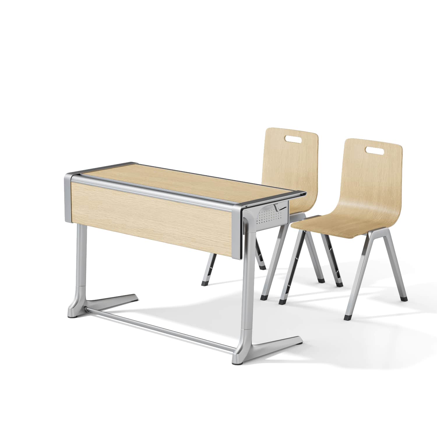 A modern standing desk featuring a light wood top and side panels, supported by a polished silver-to… — 3D model