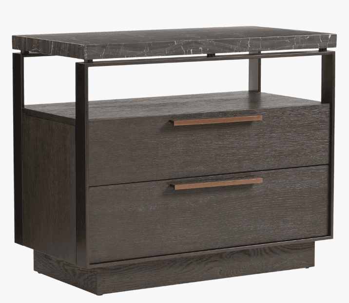 A modern nightstand with a dark wood veneer finish and a striking marble top. It features two drawer… — 3D model