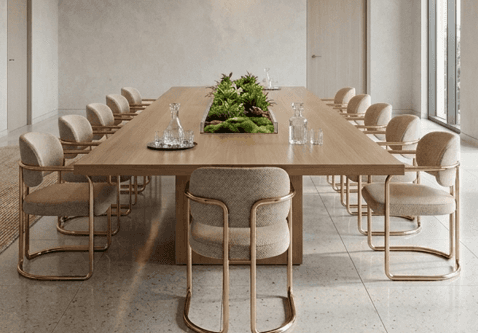 A modern, rectangular conference table featuring a light-toned wood finish and a prominent integrate… — 3D model