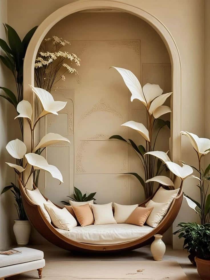 A striking modern organic daybed featuring a crescent-shaped wooden frame designed for suspension, a… — 3D model