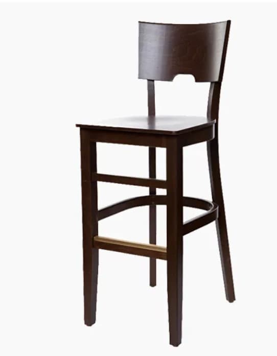 A dark brown wooden bar stool with a square seat, a gently curved backrest, and four legs connected by horizontal supports. The backrest features a subtle cutout detail. — 3D model