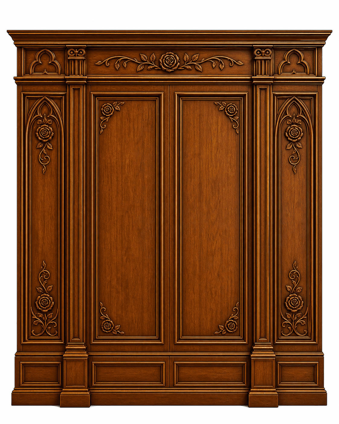A decorative wooden wall panel with intricate carvings. The panel features a series of recessed sections bordered by raised molding. Prominent decorative elements include floral motifs, specifically roses and leaves, arranged in garlands and corner embellishments. The design exhibits a classical or baroque influence, with a strong emphasis on ornate detailing and symmetrical composition. The panel appears to be a standalone piece, possibly a section of a larger wall treatment or a decorative architectural element. — 3D model
