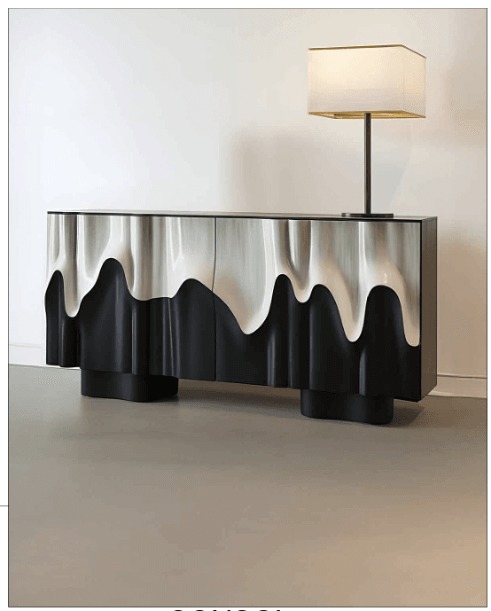 A contemporary sideboard featuring a distinctive wavy, 'melting' facade in contrasting metallic silver and matte black, with a flat black top and sides. — 3D model