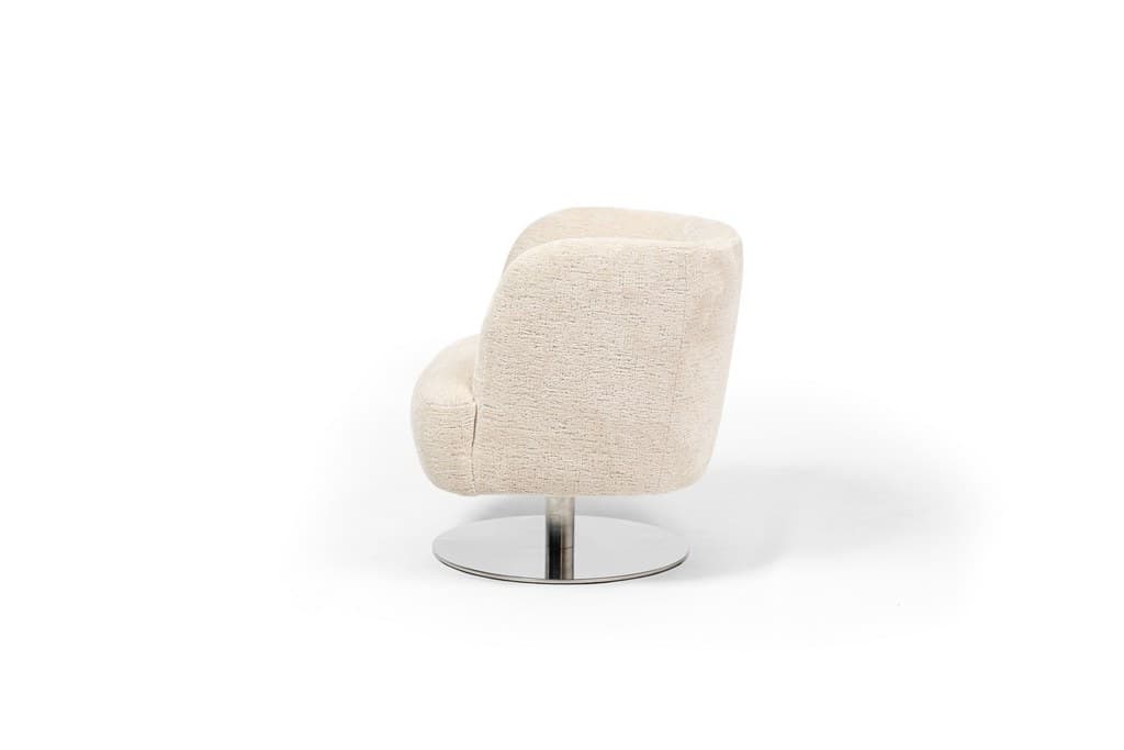 A swivel armchair with a rounded, upholstered shell and a polished metal circular base. The upholstery has a textured, boucle-like appearance. The chair is viewed from the side. — 3D model