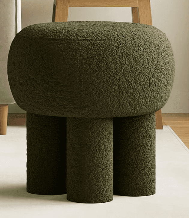 A compact, modern pedestal stool fully upholstered in a textured olive green bouclé fabric. It featu… — 3D model