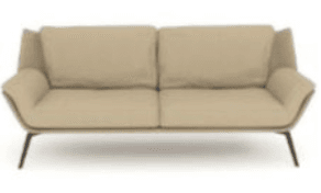 A modern two-seater sofa upholstered in a light beige fabric. It features clean lines, gently sloped arms that flow into the backrest, and two removable seat cushions. The backrest is composed of two loose cushions. The sofa is supported by four slender, tapered black metal legs, giving it a minimalist and elevated appearance. The design emphasizes comfort with a contemporary aesthetic. — 3D model