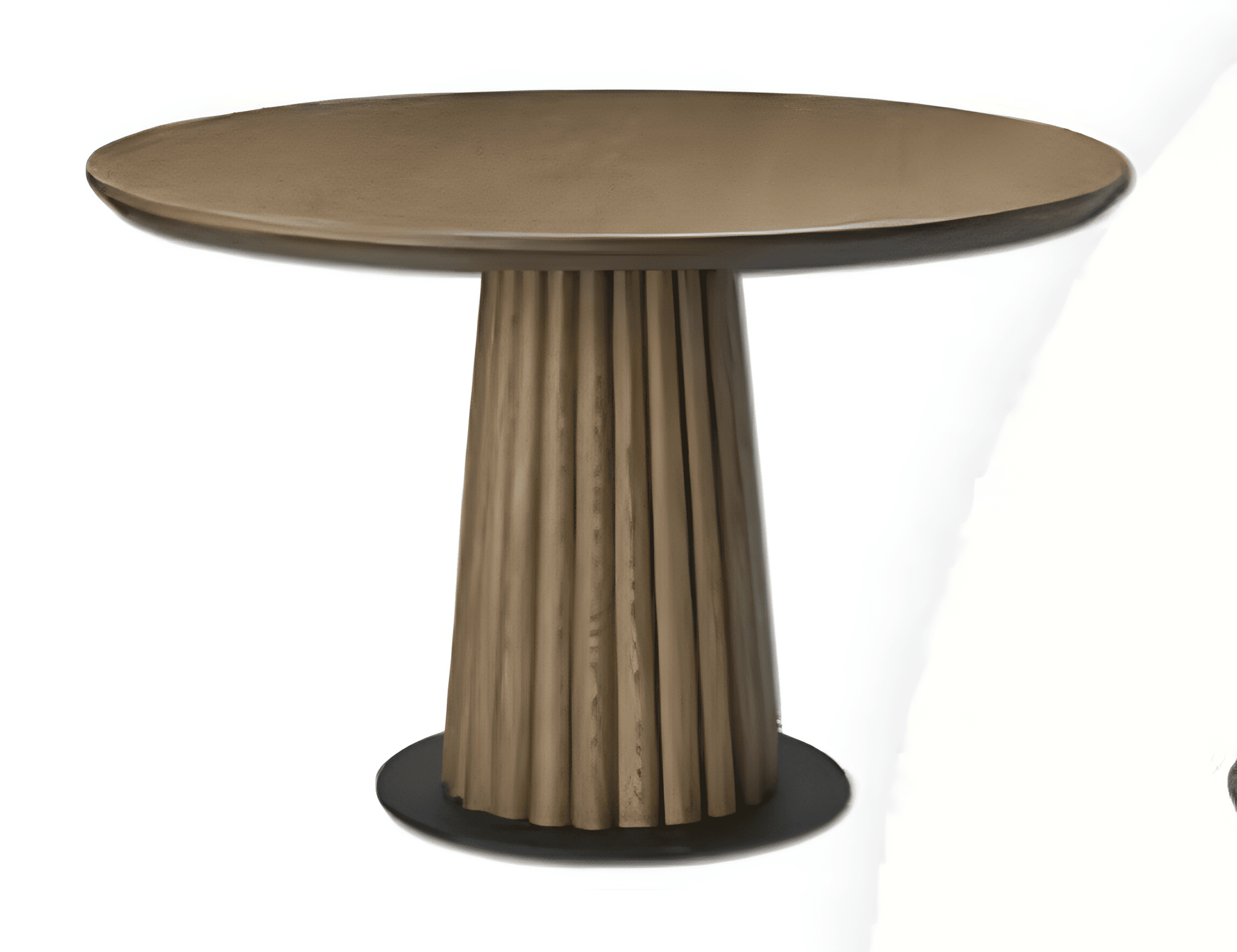 A round table featuring a thick, matte bronze tabletop supported by a tapering fluted pedestal base, which rests on a circular black metal bottom plate. — 3D model