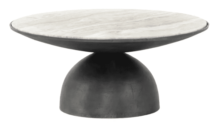 A modern coffee table featuring a round, white and grey marble top set into a dark, shallow metal tr… — free STL 3D model