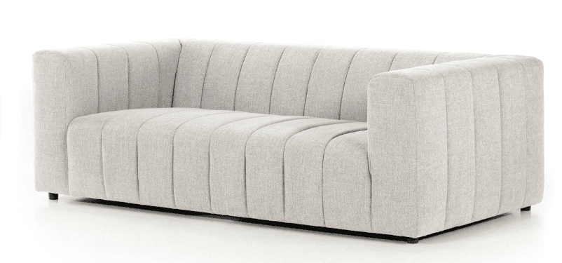 A contemporary three-seater sofa with a light-colored, textured fabric upholstery. The sofa features… — free GLTF 3D model