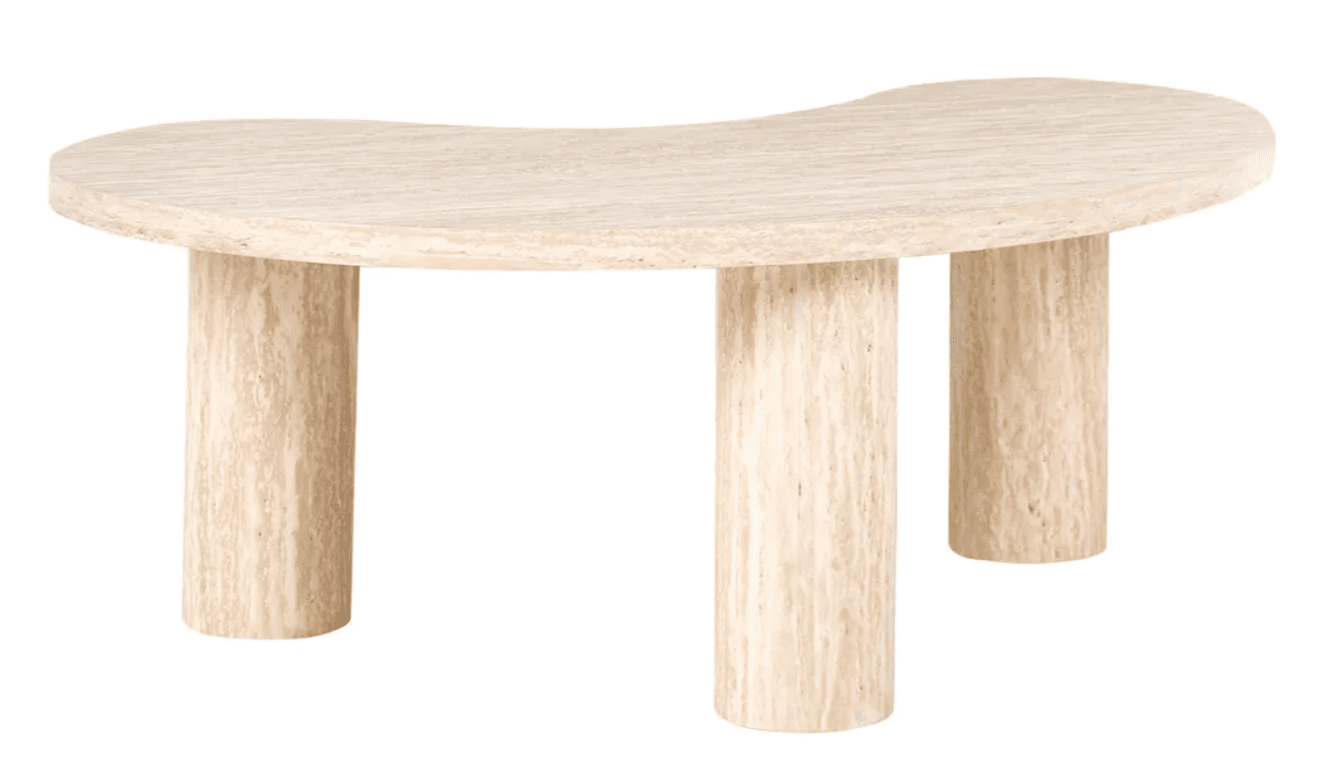 A low accent table made entirely from light-colored travertine stone, featuring an organically curved, kidney-bean shaped tabletop supported by three thick, cylindrical legs. — 3D model