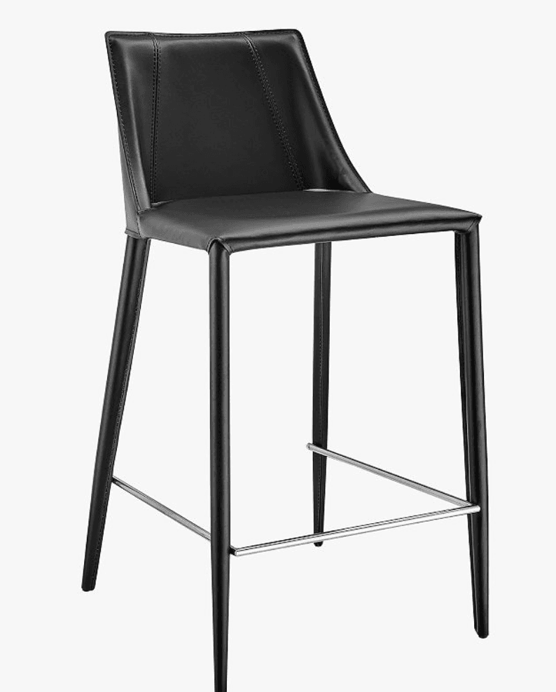A contemporary bar stool featuring black leather upholstery on the seat and backrest, supported by slender, tapered black metal legs. The backrest has subtle decorative stitching, and a chrome-finished metal bar serves as a footrest, connecting the front legs. — 3D model