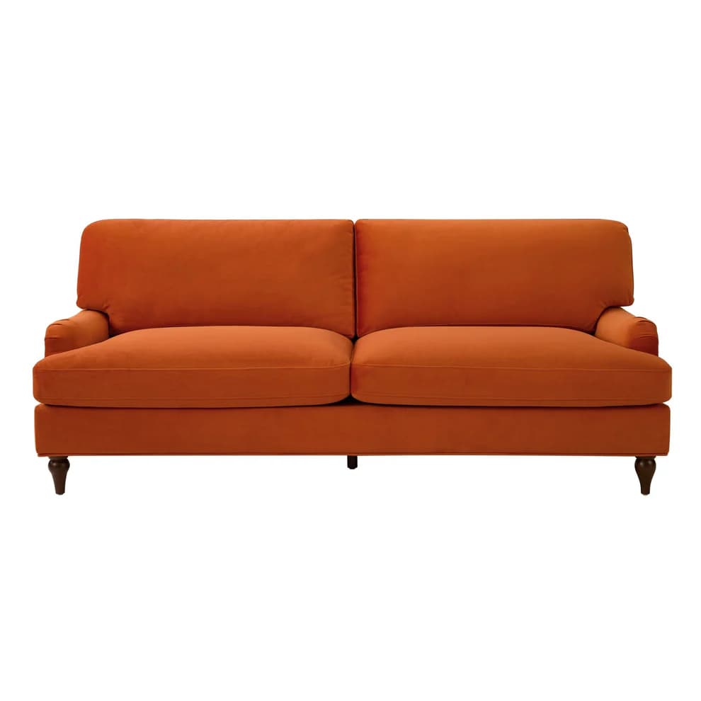 A two-seater sofa with plush upholstery and slightly rolled arms. It features a deep seat and a tailored back with two distinct cushions. The sofa is supported by four short, turned legs. — 3D model