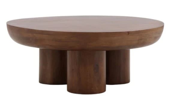 A wooden coffee table with a round, slightly dished tabletop and three cylindrical legs. The wood has a visible grain and a dark brown finish. — 3D model