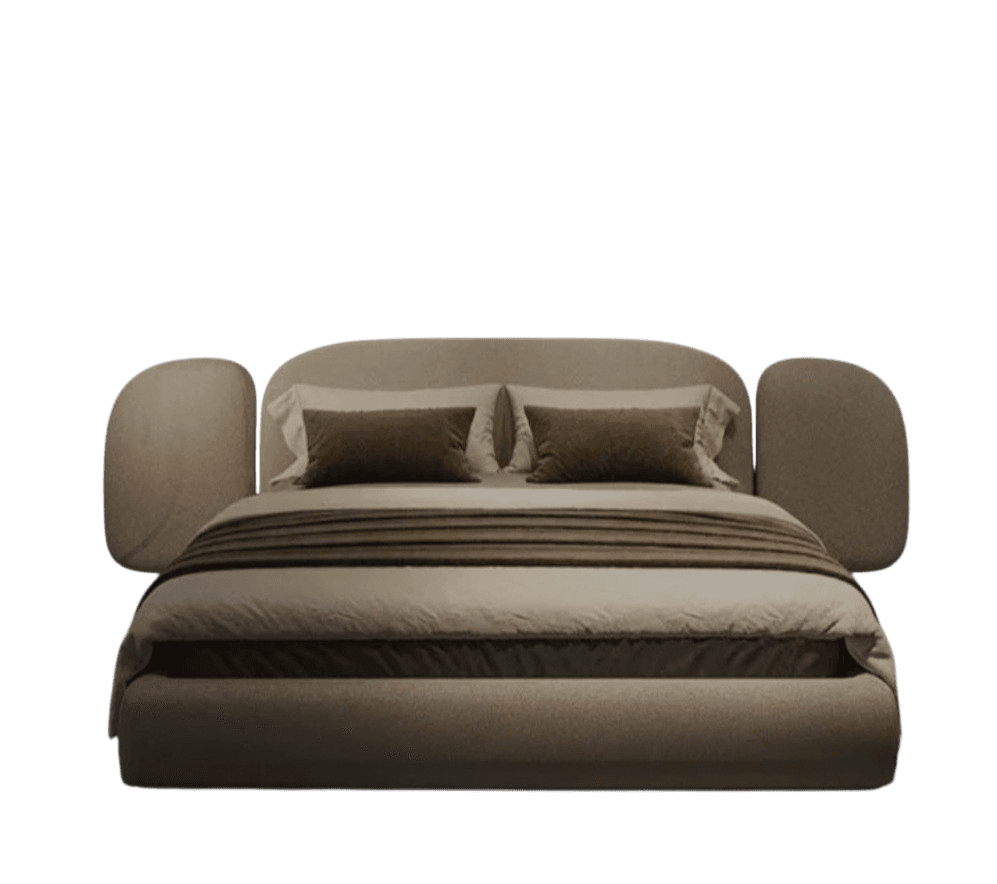A contemporary upholstered platform bed featuring a low-profile frame and a distinctive, organically shaped headboard with integrated side bolsters. The bed is covered in a light beige or taupe fabric, creating a soft, inviting aesthetic. The headboard curves gently upwards and extends to form rounded, supportive bolsters on either side, providing a cozy enclosure. The bedding shown includes light neutral tones with a brown throw blanket and accent pillows. — 3D model