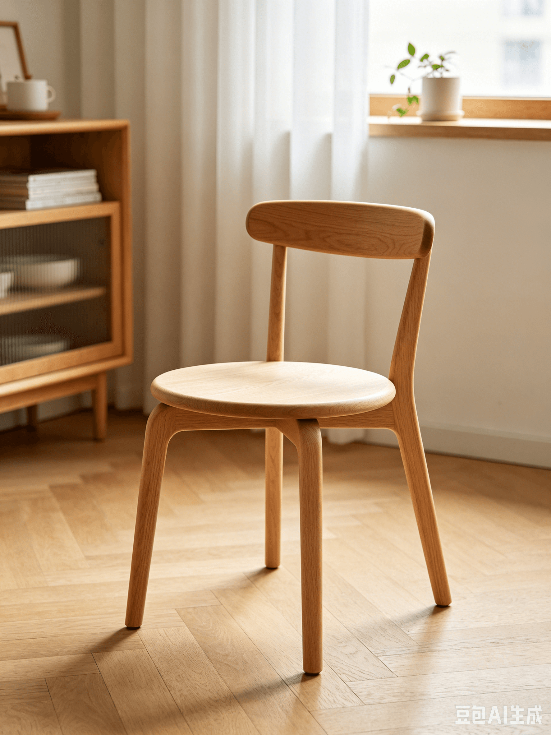 A light-toned wooden chair featuring a minimalist design with a circular seat and a curved backrest. The legs are gently tapered and smoothly integrated into the seat frame. The natural wood grain is visible through a clear finish, highlighting the chair's organic aesthetic. — 3D model