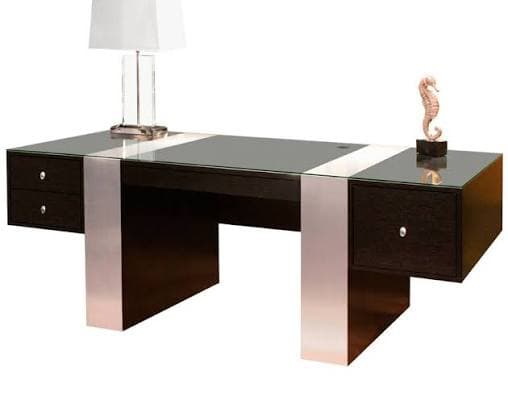 A large, modern executive desk featuring a dark brown wood body, a rectangular glass top with central lighter-colored accent strips, and two integrated two-drawer storage units. The desk is supported by two broad metallic leg panels and has a cable management grommet on its surface. — 3D model