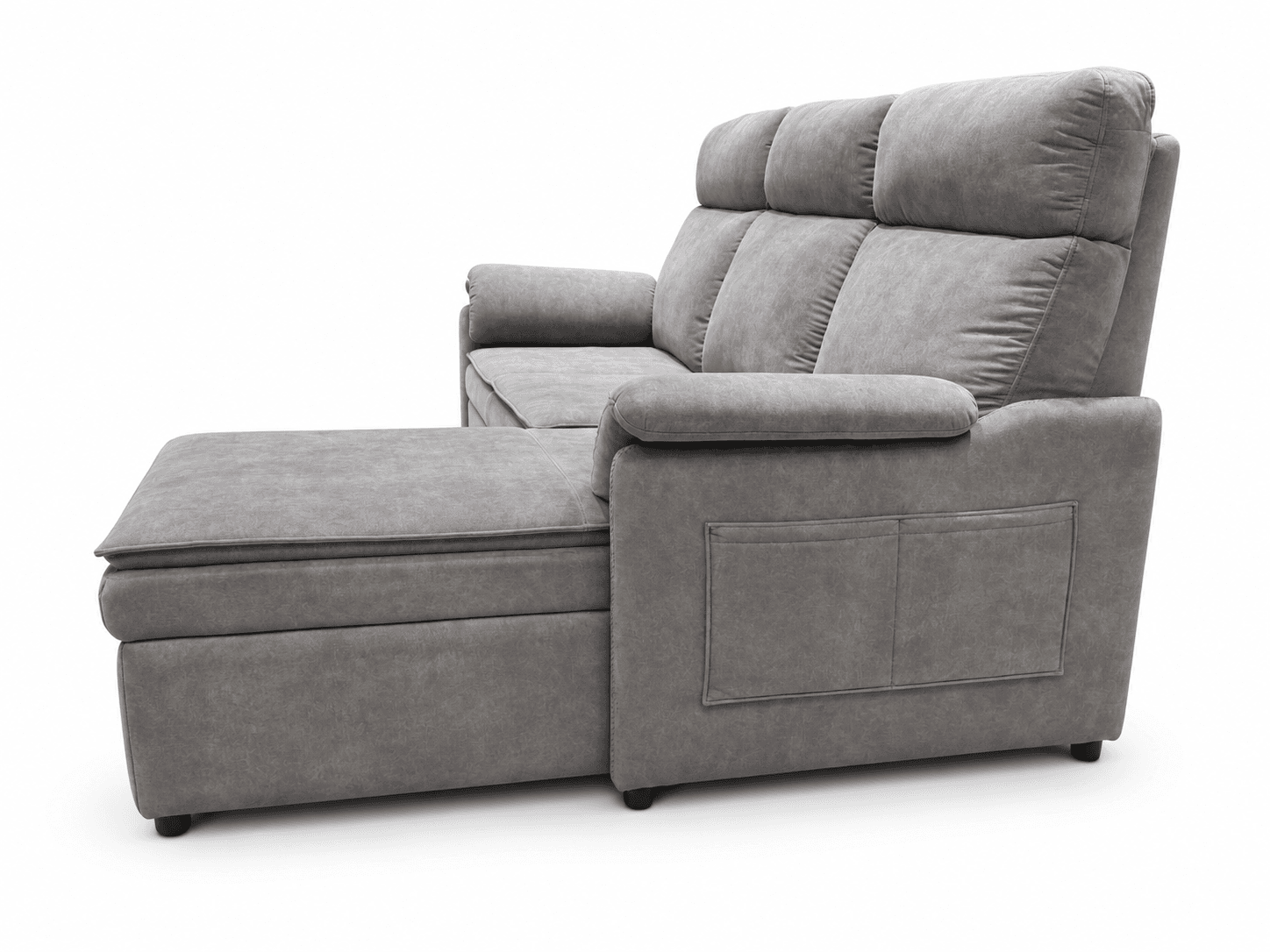 A contemporary gray upholstered sectional sofa featuring a chaise lounge extension with integrated storage. The sofa boasts plush, segmented back cushions, rolled armrests, and practical storage pockets on the side of the armrest. Its design suggests a focus on comfort and functionality. — 3D model