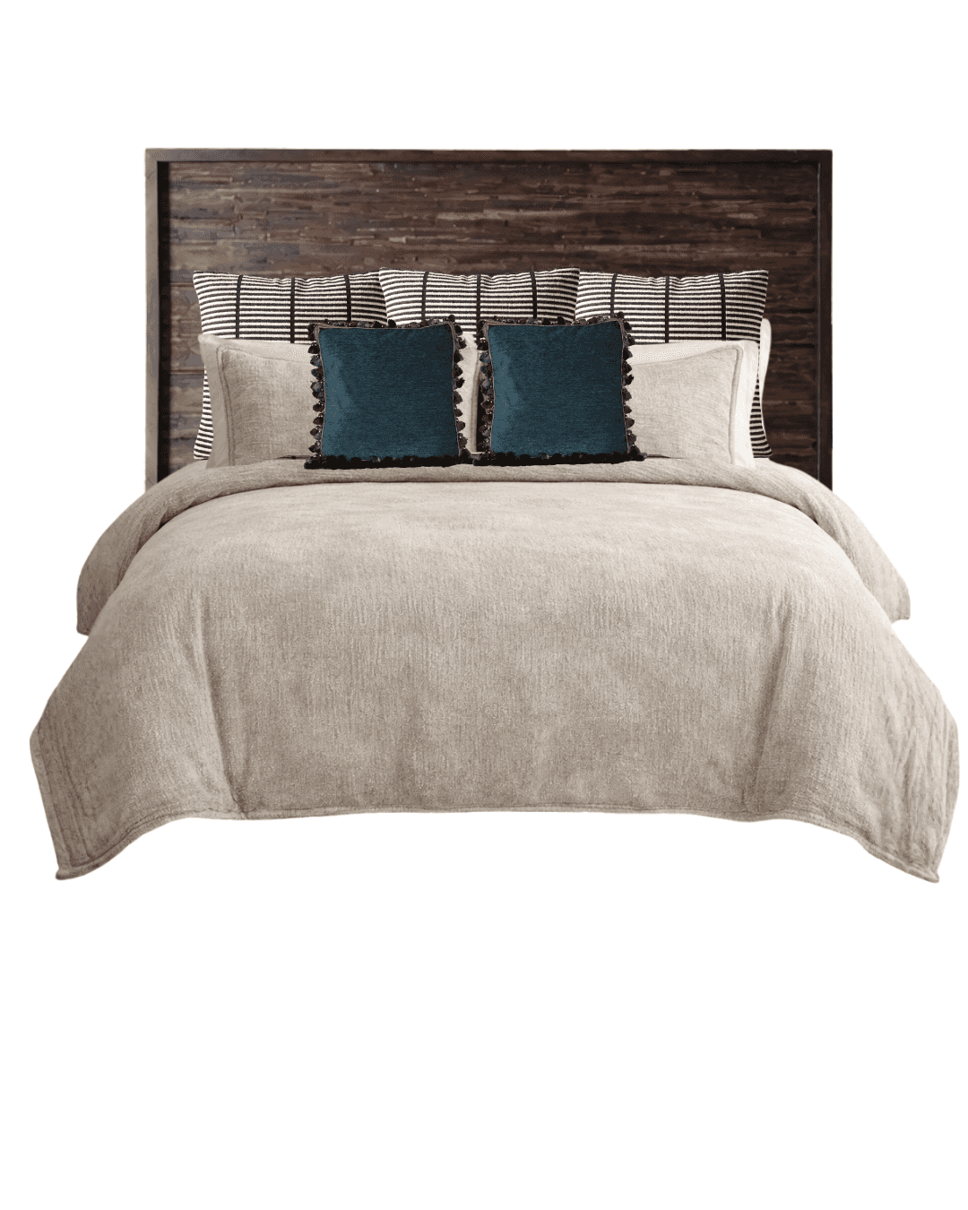 A bed featuring a wooden headboard with a rustic, distressed finish. The headboard is composed of ho… — 3D model