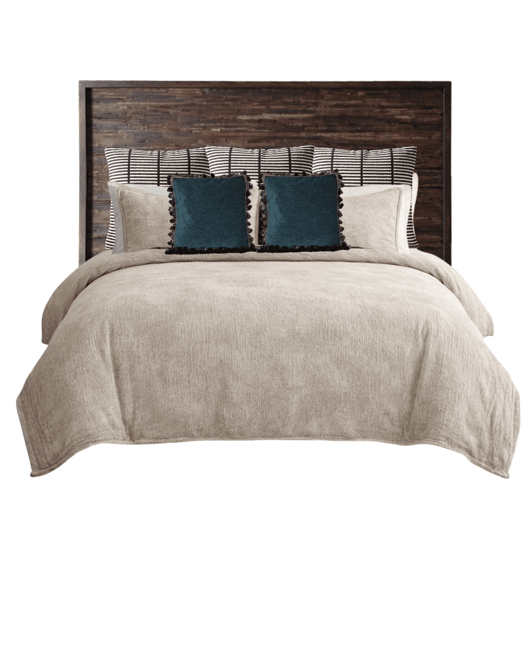 A bed featuring a wooden headboard with a rustic, distressed finish. The headboard is composed of horizontal wooden planks with visible grain and texture. The bed is dressed with a textured, light beige duvet and multiple pillows. Two standard pillows are visible behind decorative throw pillows. The throw pillows are teal blue with black trim and a pom-pom fringe. The bedding also includes pillows with a black and white striped pattern. — 3D model