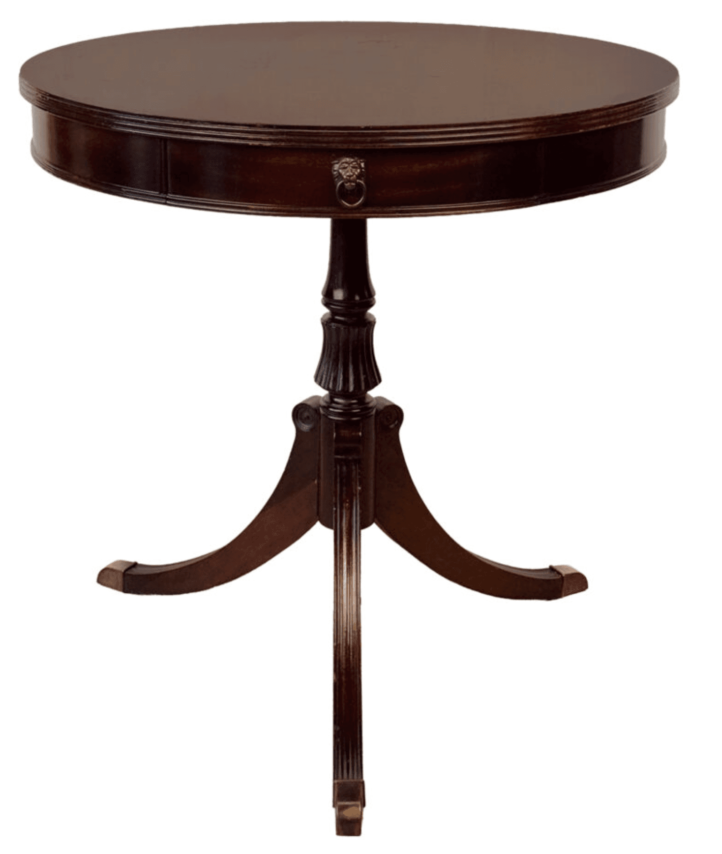 A dark-stained wooden round pedestal table, likely mahogany, featuring a single shallow drawer in its apron with an ornate brass lion's head pull. The table stands on a carved and fluted central pedestal, supported by three splayed legs terminating in brass sabots. — 3D model