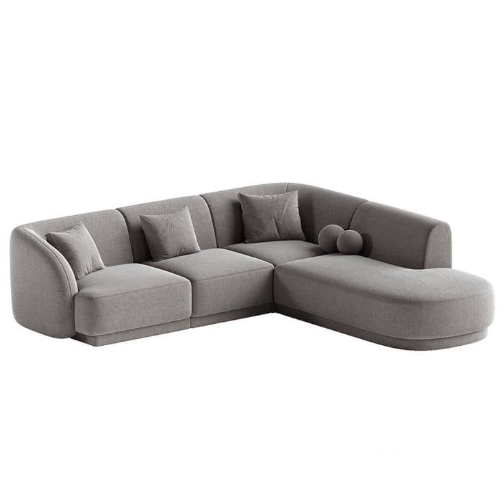 A contemporary grey modular sectional sofa featuring soft, rounded forms and an integrated chaise lounge. The sofa is upholstered in a textured grey fabric, with low-profile backs and seats. It includes three square back cushions and two spherical bolster pillows, suggesting a comfortable and versatile seating arrangement for a modern living space. — 3D model