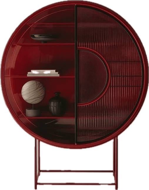 A circular, free-standing cabinet with a red-lacquered finish. It features open shelving on one side and a ribbed glass door on the other, enclosing a section of shelves. The cabinet is supported by a slim, angular metal base. — 3D model