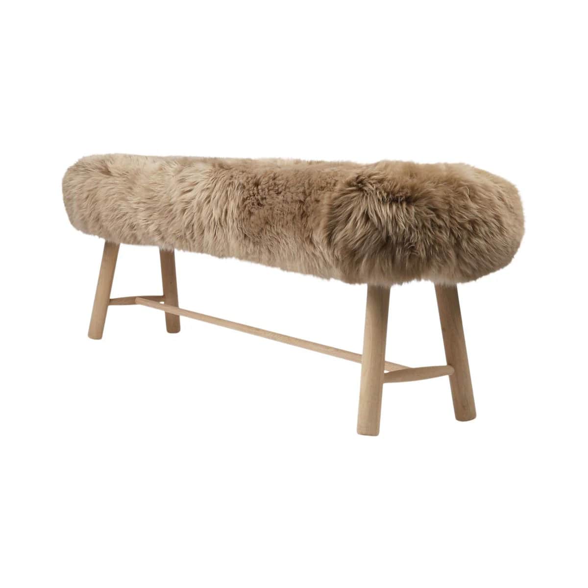 A bench with a thick, fluffy, sheepskin-like covering and a wooden base. The base consists of four l… — 3D model