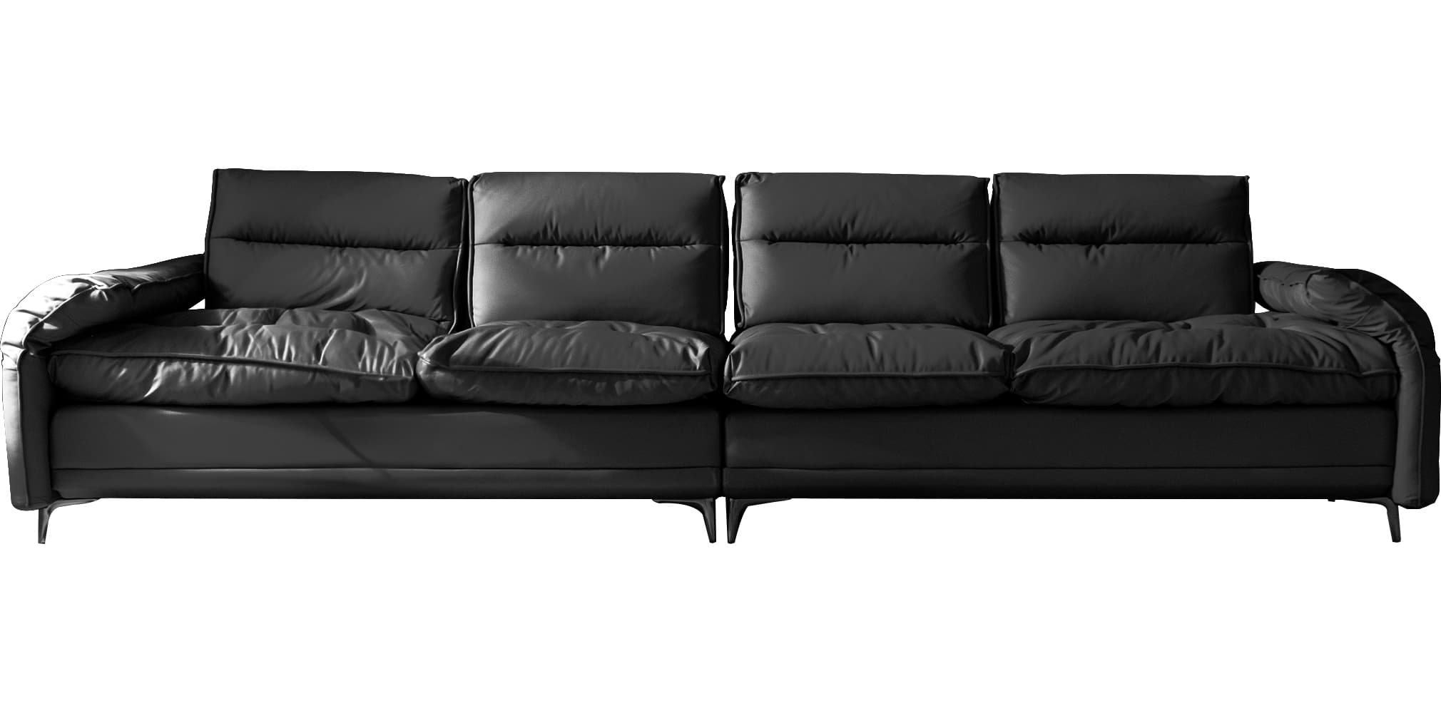 A modern, black, four-seater sofa with overstuffed cushions for both the seat and back. The sofa has a low profile base and is supported by slender metal legs. The upholstery appears to be leather, characterized by its sheen and creasing. — 3D model