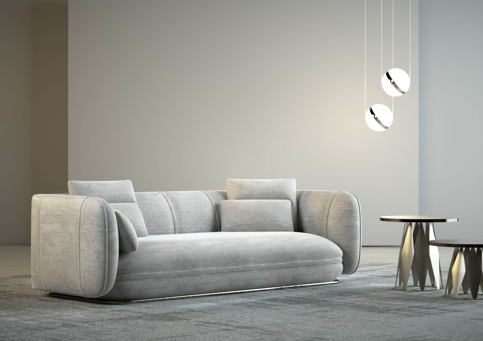 A contemporary light gray sofa with a low profile and rounded arms. The sofa features channel tuftin… — free GLTF 3D model