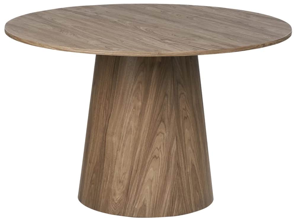 A modern round dining table featuring a solid wood construction with a prominent wood grain. It has… — 3D model