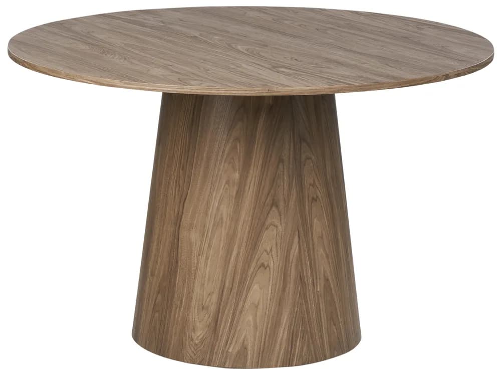A modern round dining table featuring a solid wood construction with a prominent wood grain. It has a circular tabletop supported by a single, tapered cylindrical pedestal base, creating a clean and minimalist silhouette. — 3D model