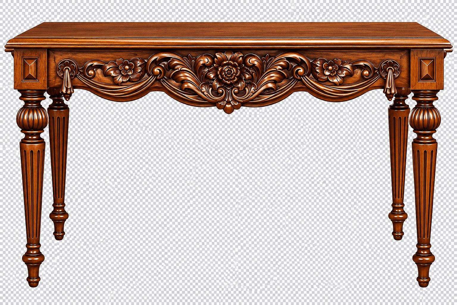 A rectangular wooden console table with rich, dark brown finish, featuring extensive floral and foliate carvings along the apron and supported by four turned and fluted legs. — 3D model
