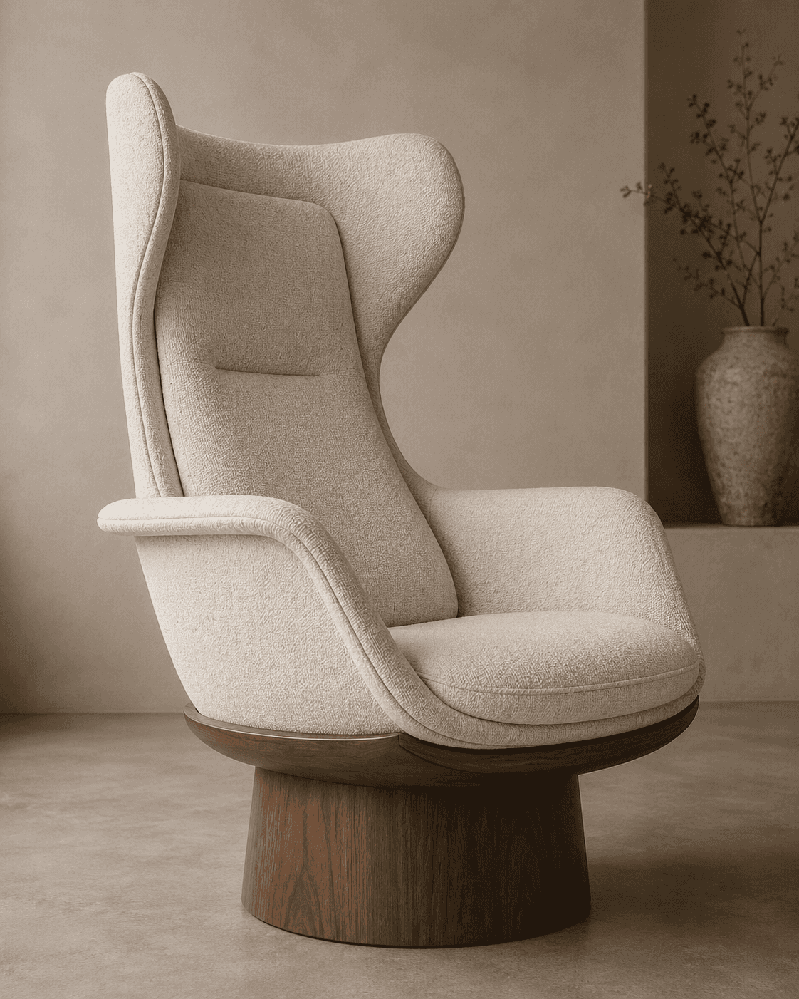 A contemporary high-back wingback chair with beige bouclé upholstery and a dark wooden cylindrical s… — 3D model
