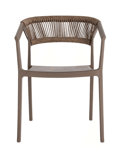 A modern armchair with a durable synthetic frame and a woven backrest. The seat is a solid molded piece. The chair has four legs and armrests. — 3D model