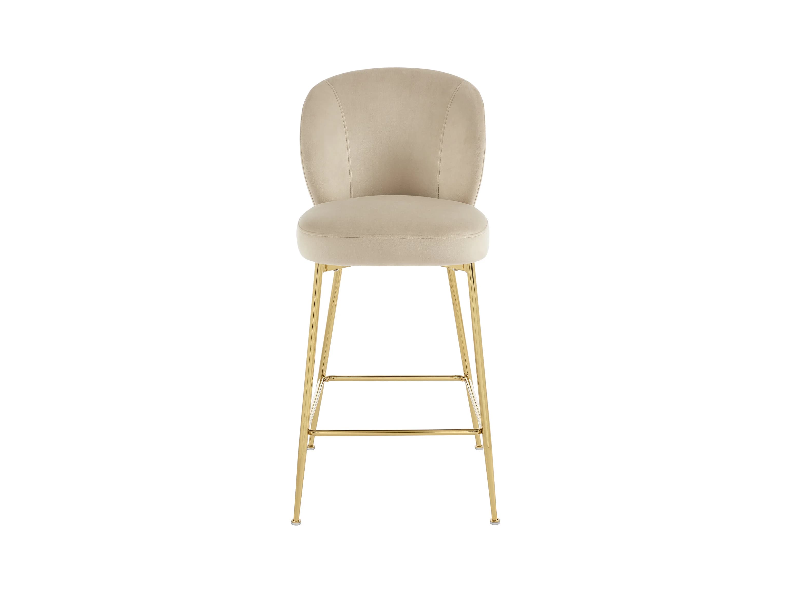A contemporary bar stool featuring a curved backrest and a padded seat. It is supported by four slender, angled legs in a polished gold finish, with a crossbar connecting the front legs for stability. The upholstery appears to be a soft, textured fabric. — 3D model