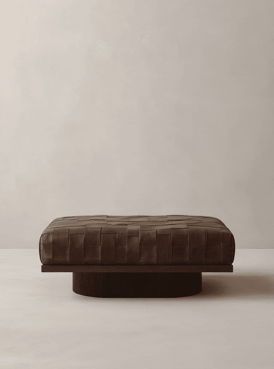 A square, low-profile ottoman featuring a dark brown woven leather top and a cylindrical wooden plinth base. The woven pattern consists of wide, flat strips of leather, creating a distinct texture. The base is dark-stained wood with vertical fluting, contributing to a modern aesthetic. — 3D model