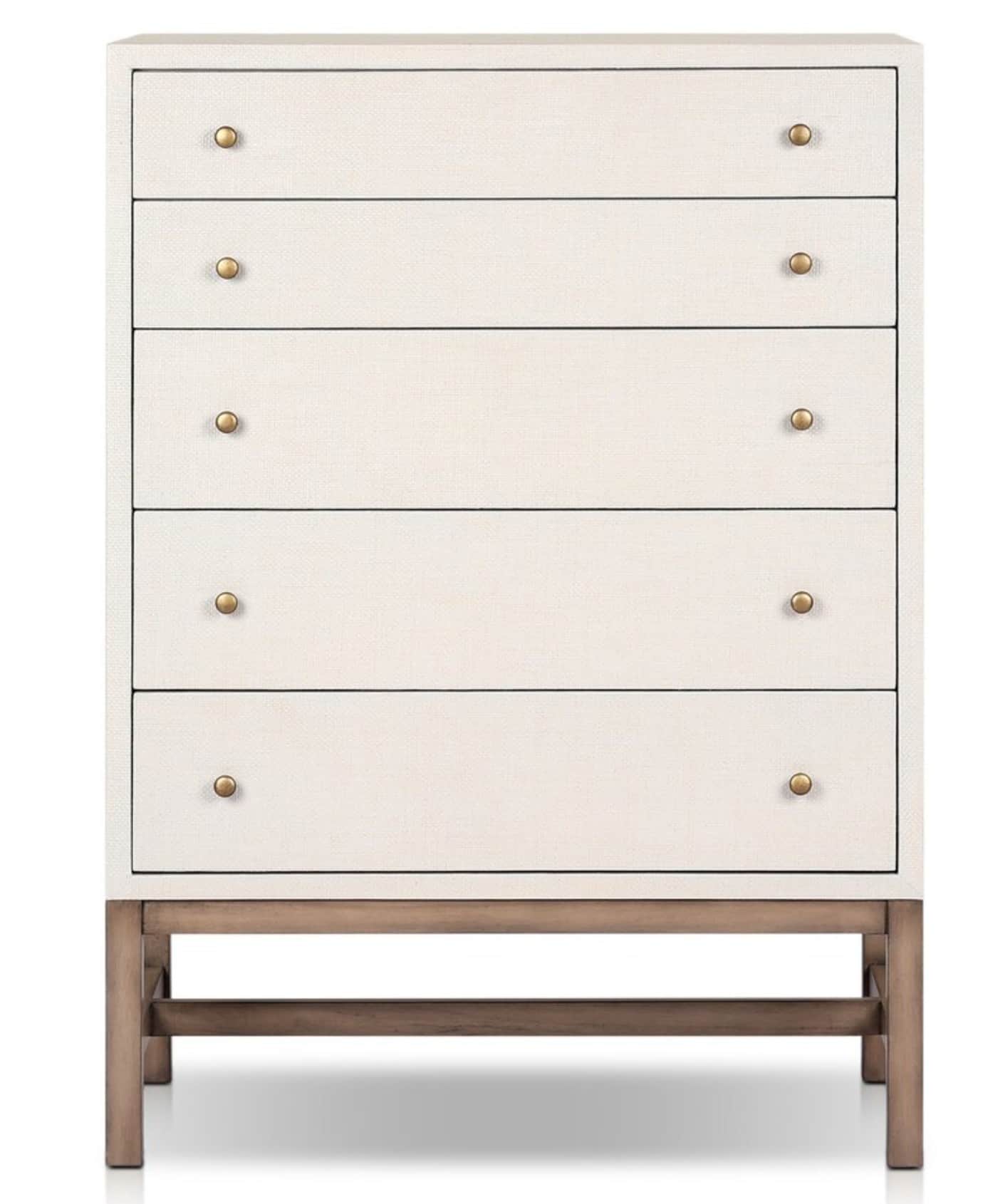 A tall, rectangular chest of drawers with five drawers. The drawers have a textured, light-colored f… — 3D model