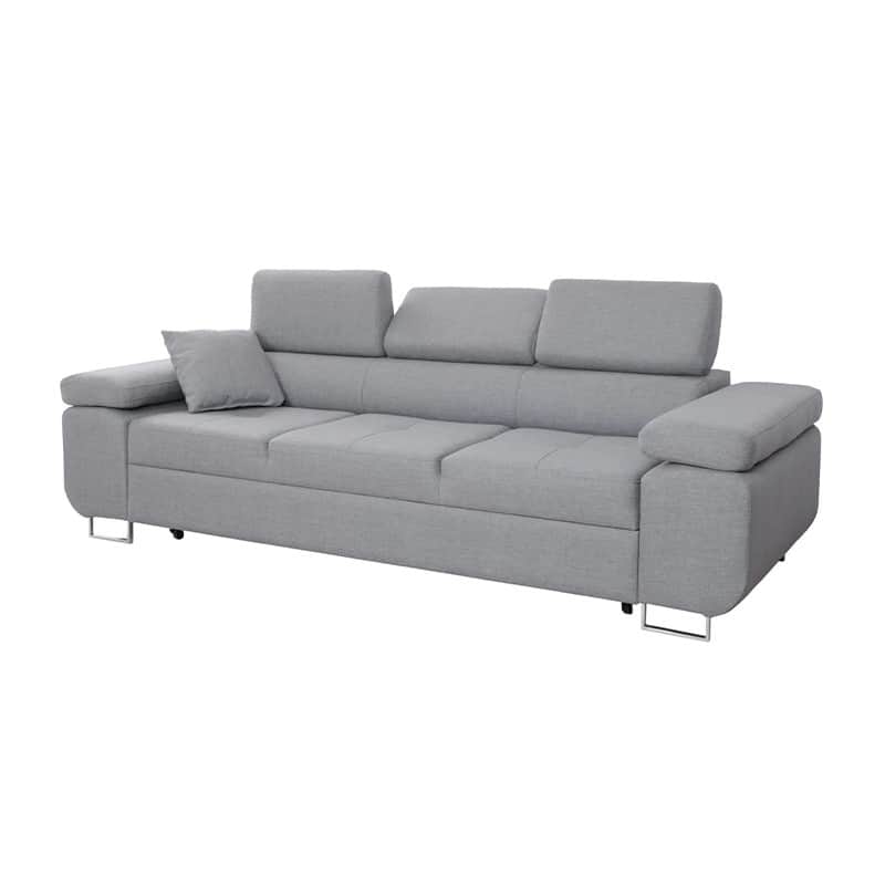 A modern three-seater sofa upholstered in light grey fabric, featuring adjustable headrests, padded… — free BLEND 3D model