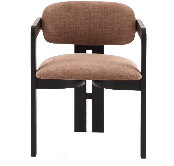 An armchair with a dark, angular frame and upholstered seat and backrest in a textured brown fabric. The frame has a modern, minimalist design with straight lines and open sides. — 3D model