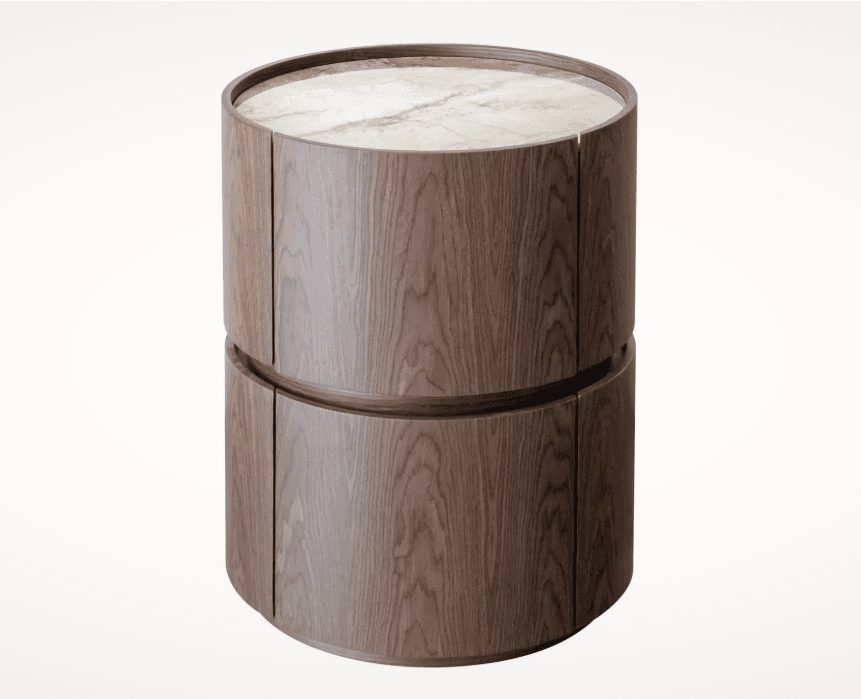 A cylindrical side cabinet made of dark wood with a visible grain, featuring a light-colored marble top and two tiers of internal storage with curved doors. — 3D model