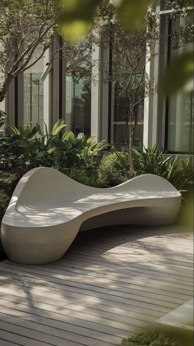 A modern, organically shaped bench with a smooth, continuous surface. The bench features a flowing, curvilinear design, resembling a stylized hourglass or a biomorphic form. Its form is ergonomic, suggesting seating for multiple individuals along its length. The material appears solid and durable. — 3D model