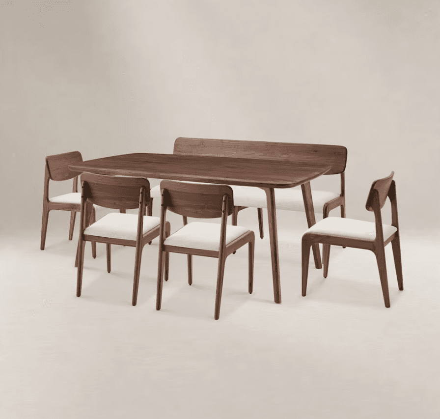 A modern dining side chair featuring a dark walnut-stained wood frame and a light beige upholstered… — 3D model