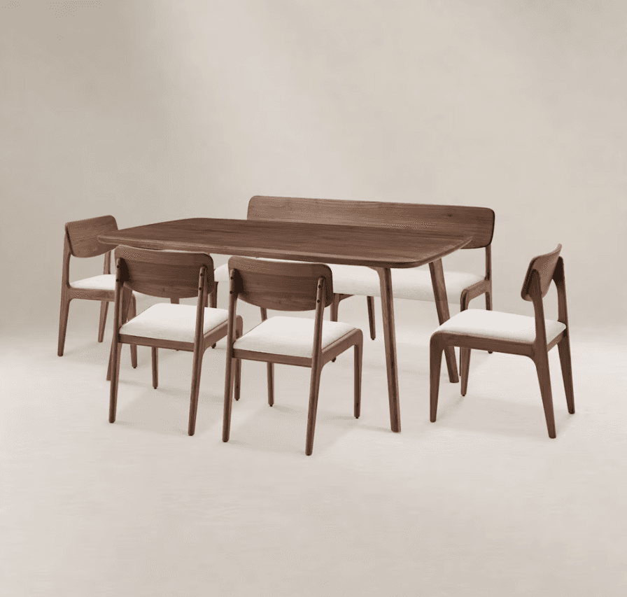 A modern dining side chair featuring a dark walnut-stained wood frame and a light beige upholstered seat. The chair has a curved backrest and slightly tapered legs, exuding a minimalist and contemporary aesthetic. — 3D model
