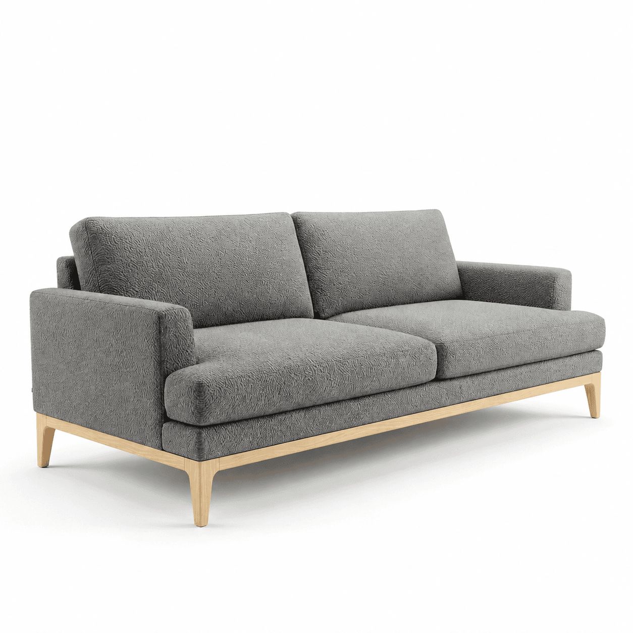 A modern two-seater sofa featuring a textured grey fabric upholstery and a visible light-colored wooden frame with tapered legs. The sofa has clean lines, block arms, and two loose seat and back cushions. — 3D model