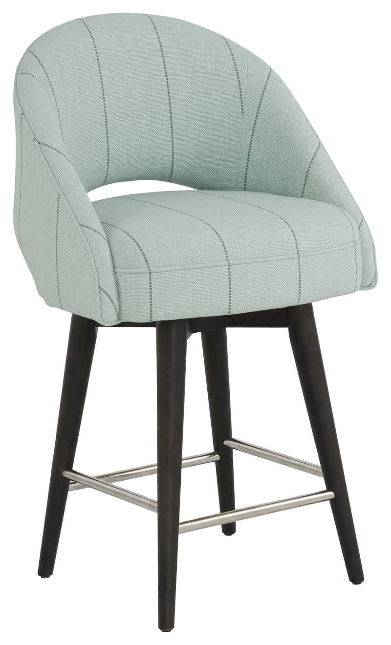 An upholstered bar stool featuring a light blue-green fabric with a subtle pinstripe pattern. The seat and back form a continuous, curved bucket shape with integrated armrests. It is supported by four dark brown tapered wooden legs, reinforced with silver-tone metal footrests, and includes a swivel mechanism. — 3D model