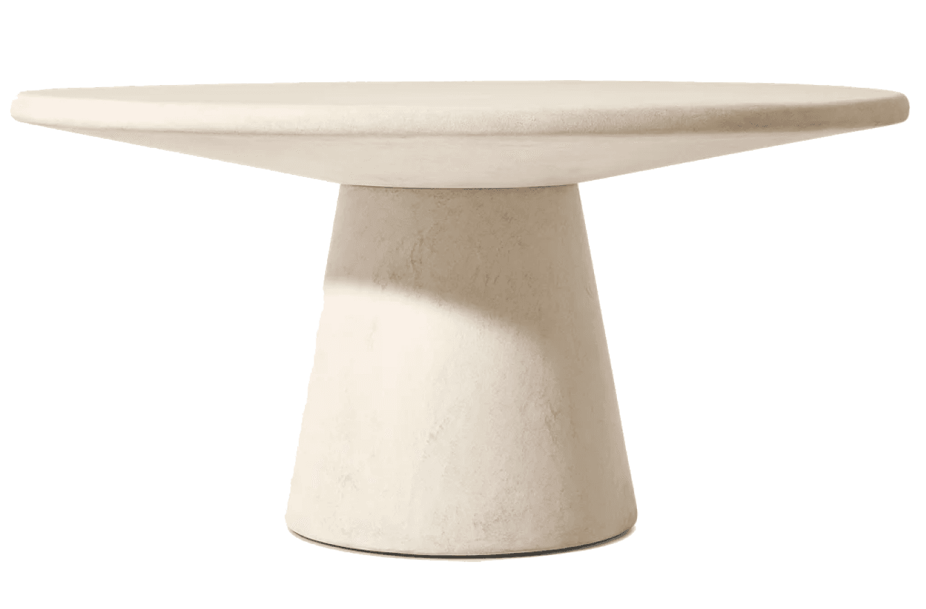 A pedestal table with a wide, flat, circular top that tapers outwards from the center. The base is a stout, inverted conical pedestal. The overall form is minimalist and organic. — 3D model